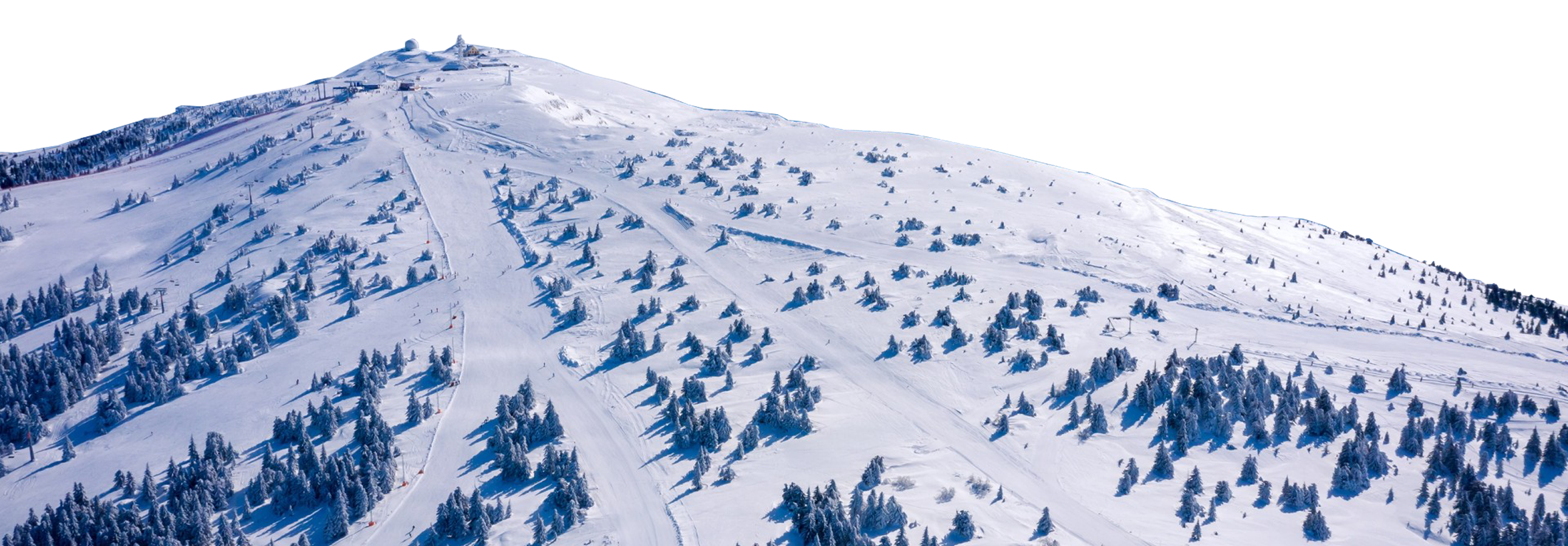An aerial view of a snow-covered mountain slope with scattered evergreen trees, ski tracks, and a small building at the summit on a transparent background.